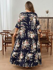 SHEIN CURVE+ Plus Size Leisure Floral All-Over Print Ruffle Sleeve Dress,Spring Outfits For Women,Tropical Vacation Woman Clothes - Multicolor - View 2