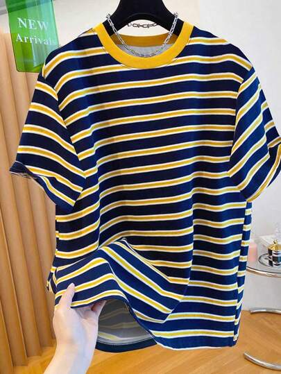 Resyla Camiseta casual de cuello redondo de manga corta con rayas para hombre, de corte holgado y versátil