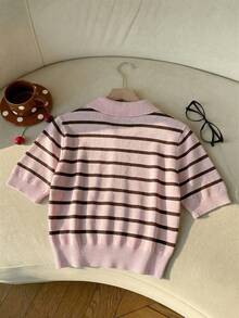 SHEIN EZwear 女士针织条纹 Polo 领短袖上衣，休闲简约复古优雅百搭，适合通勤、聚会、派对、机场等场合，春夏皆宜。 - 彩色 - 查看 2