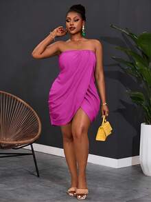 Slaydiva Gaun Mini Bodycon Tanpa Tali Berwarna Hijau Bertekstur untuk Wanita Ukuran Plus, Cocok untuk Liburan, Seksi, Pantai, Pesta - Purple - View 3