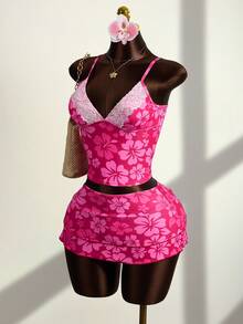 Zestiva Conjunto de 3 piezas de traje de baño para mujer para el verano, Tankini con estampado floral sexy y encaje, con falda de volantes en capas - Multicolor - Ver 4
