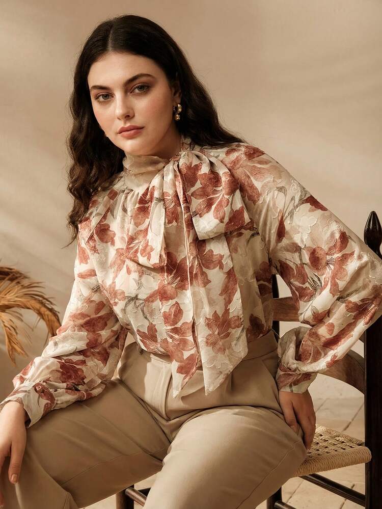 Plus Size Women's Elegant Vintage Chiffon Jacquard Long Sleeve Blouse, Suitable For Daily Commute, Dates, And Light Social Occasions, Spring/Summer