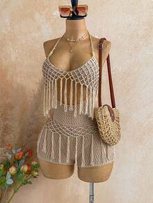 Soleia Bộ áo liền quần dệt kim nữ kiểu dáng buộc dây cổ tua rua, thích hợp mặc hàng ngày. - Cà phê nâu - Xem 4