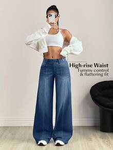 SHEIN Tall Tall Women's Front & Middle Patchwork Washed Loose Wide-Leg Jeans - Dark Wash - View 7