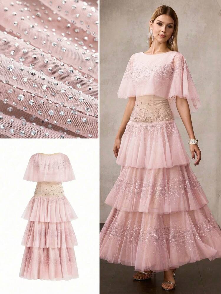 WOMEN'S NEW MESH RHINESTONR LAYERED FORMAL DRESS, ETHEREAL SHEER RUFFLE HEM MAXI DRESS, GALA RUNWAY EVENING GOWN