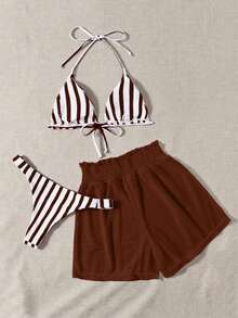 Swim Mod Bộ bikini 3 món - Quần bikini kẻ sọc xanh trắng, quần short trắng, trang phục đi biển thường ngày cho kỳ nghỉ xuân/hè, tiệc bãi biển. - Cà phê nâu - Xem 3