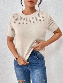 Rafferiza Women's Round-Neck Solid Color Short-Sleeved Knitted Top For Summer For New Year Clothes - Apricot - View 5