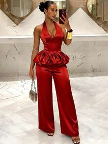 SHEIN Raffinéa Women's Elegant Summer Dark Red Satin 2 Piece Set,V-Neck Ruffle Hem Blouse & High Waist Wide Leg Pants Party Outfits,Ladies Formal Co Ord Suits 2pcs - Red - View 1