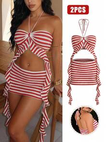 SHEIN SXY Women's Red And White Striped Halter Top And Mini Skirt Set,Summer Boho Vacation Holiday Two Piece Outfits,Beach Club Ruffle Pool Party Rave Outfits - Red and White - View 8