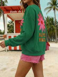 SHEIN EZwear 女士卫衣，休闲街头风印花夏季卫衣，可爱夏季卫衣，女士假日卫衣，碎花图案卫衣，女士夏季卫衣，女士春季卫衣，复古卫衣，女士夏季卫衣，女士卫衣，复古卫衣，女士活力卫衣，印花卫衣，绿色碎花印花卫衣 - 彩色 - 查看 4