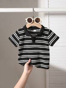 Áo polo tay ngắn kẻ sọc cho bé trai kiểu dáng thường ngày - màu đen - Xem 1