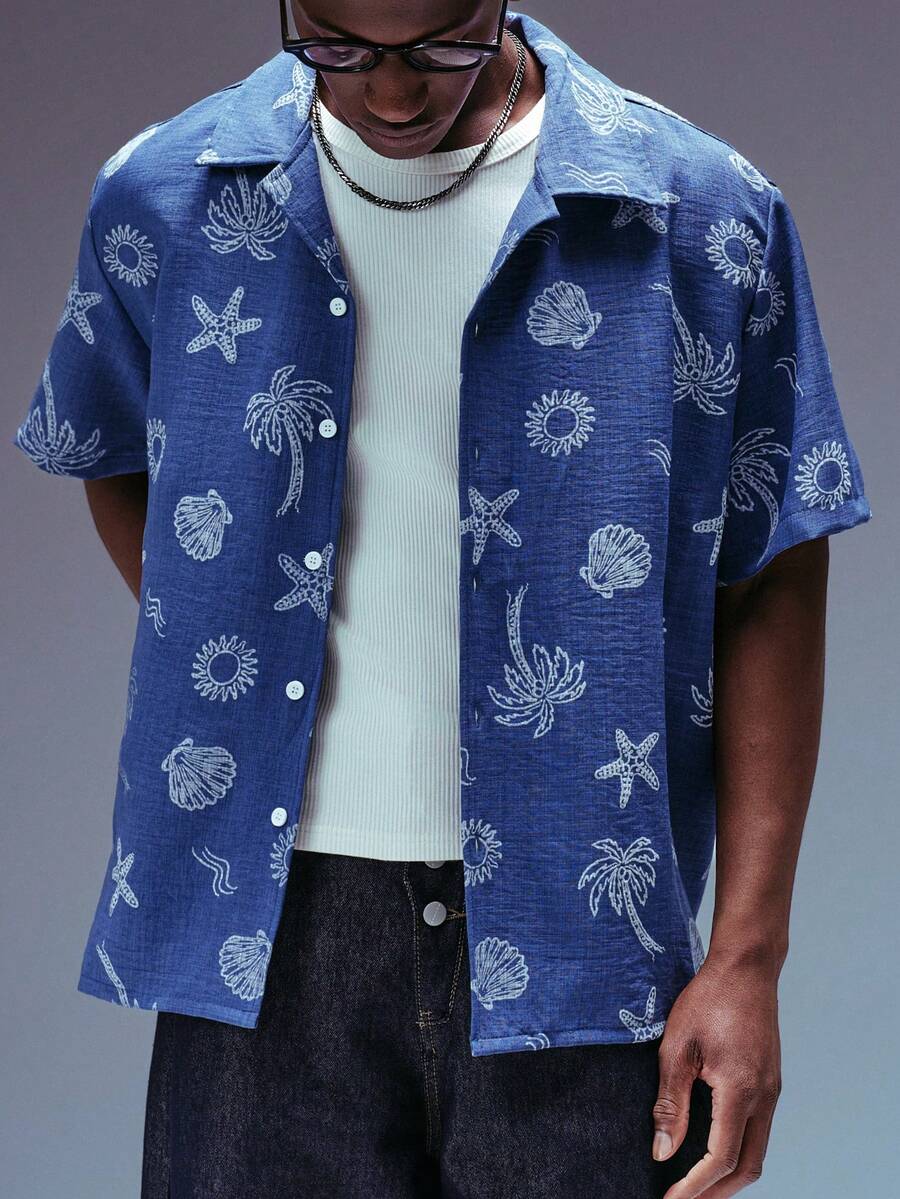 STYNVO Áo sơ mi nam tay ngắn dáng rộng in họa tiết nhiệt đới mùa hè, thích hợp cho kỳ nghỉ biển. - Màu xanh lam - Xem 1