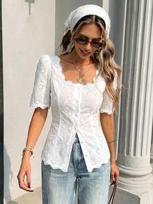 Pariaura Women's Elegant French Lace Embroidered Short Sleeve Button-Up Blouse - White - View 5