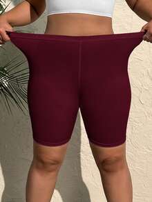 SHEIN EZwear Plus Size Women Solid Color Casual Versatile Daily Wear Skinny Shorts - Burgundy - View 3