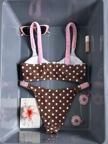 SHEIN Swim Mod 夏季女士两件套波点印花褶皱弹力吊带上衣和比基尼泳裤套装，沙滩度假泳装 - 彩色 - 查看 2