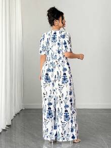 Elenzga Plus Size Women's Blue & White Floral Jumpsuit, V-Neck Short Sleeve Cinched Waist Wide Leg Pants, Elegant Slimming Casual Everyday Wear & Holiday Outfit - Multicolor - View 2
