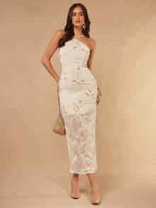 Silquee Women's Solid Color Elegant And Simple Midi Dress, Suitable For Everyday Wear, Vacation Outfits, Dresses, Women, Day Party Party Off White And Summer - Apricot - View 1