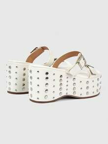 ROMWE Grunge Punk Giày sandal đế xuồng đính kim tuyến, khóa cài nhọn dành cho nữ. - trắng - Xem 5