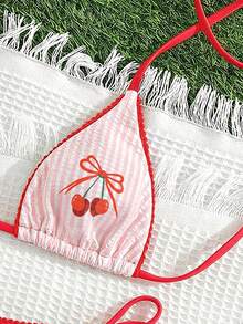 Swim Mod Halter Tie Soft Fabric Cherry Print 2 Pieces Bikini Swimwear Set - Multicolor - View 6