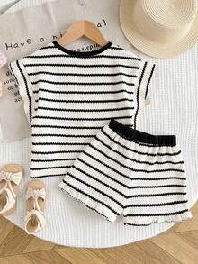 SHEIN 2pcs/Set Young Girl Striped Knit Crew Neck T-Shirt And Shorts - Black and White - View 6