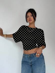 Aloruh Blusa de mujer de unicolor con cuello redondo, mangas tipo murciélago y diseño fruncido, top corto de moda - Blanco y Negro - Ver 4