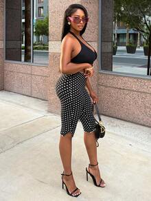 Chea Andrea Quần short ôm vừa vặn họa tiết chấm bi thường ngày dành cho người đi làm - Đen và trắng - Xem 4