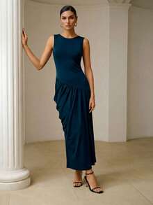 ZEYLAH FASHIONABLE CREW NECK SLEEVELESS DRAPED PLEATED KNIT DRESS, SPRING/SUMMER - Teal Blue - View 5