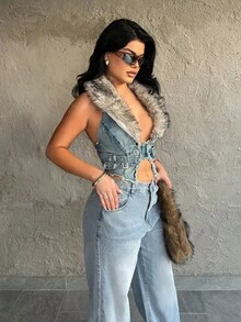 Dayanna Comas Y2K 女式可拆卸仿毛领牛仔夹克 - 藍色 - 查看 5