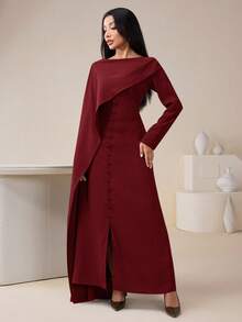 Women's Solid Color Round Neck Ribbon Design Button Elegant Dress Burgundy Dress For Women Long Sleeve Long Dress - Burgundy - View 4
