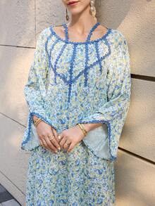 Al Najma Đầm dài nữ họa tiết hoa nhí xếp nếp, thích hợp cho kỳ nghỉ hè. - màu xanh lá - Xem 4