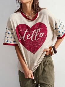 Bohemela Summer Casual Heart, Star & Letter Print Short Sleeve T-Shirt - Red - View 5