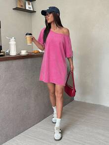 SHEIN EZwear 复古水洗宽松不对称肩部T恤裙，西部音乐节风格，夏季 - 玫紅色 - 查看 6