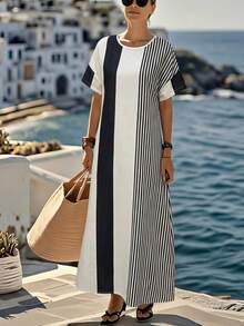 SHEIN PETITE Women's Apricot Printed Striped Round Neck Loose Fit Vacation Dress - Apricot - View 6