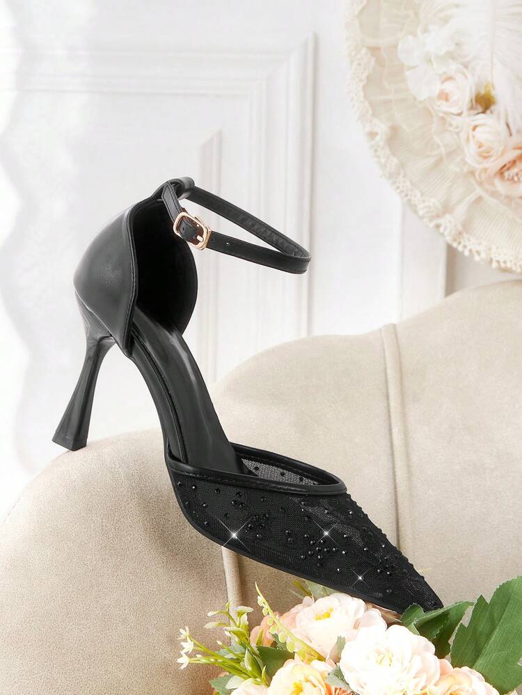 CUCCOO HITCHD Pointed Breathable Mesh Hollowed Rhinestones Fashion Temperament Versatile Sexy Fairy Elegant Banquet Black High Heels