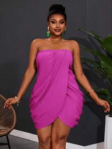 Slaydiva Gaun Mini Bodycon Tanpa Tali Berwarna Hijau Bertekstur untuk Wanita Ukuran Plus, Cocok untuk Liburan, Seksi, Pantai, Pesta - Purple - View 5