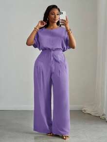 Slaydiva Setelan Wanita Ukuran Plus 2 Potong: Atasan Crop Longgar Ungu dengan Bahu Jatuh dan Tali Serut di Bagian Bawah & Celana Panjang Lebar dengan Saku, Pakaian Kasual Cerdas Musim Panas untuk Sehari-hari - Mauve Purple - View 6