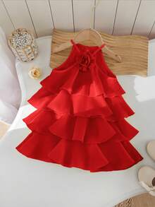 Babygirl Cute & Elegant Ruffle Floral Sleeveless Dress - Red - View 5