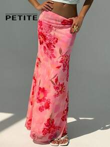 SHEIN Aloruh Petite 娇小女装夏季新款粉色优雅印花波西米亚风热带海滩度假低腰长裙 - 粉色 - 查看 5