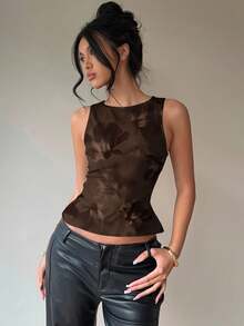 Aloruh 女士通勤休闲露背蝴蝶结圆领棕色扎染印花无袖衬衫 - 棕色 - 查看 5