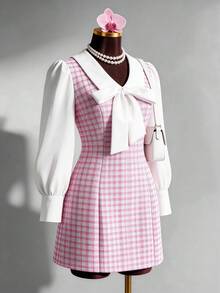 Fine & Folde Contrast Color Fabric Patchwork Bow Decor 2 In 1 Elegant Romantic Women Dress - Multicolor - View 3