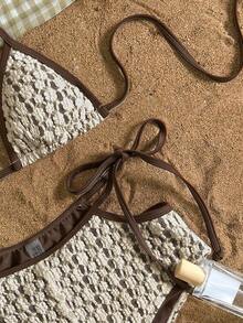 SHEIN Swim Vcay 白色蕾丝面料，侧系带设计，优雅性感女士泳衣套装 - 彩色 - 查看 4