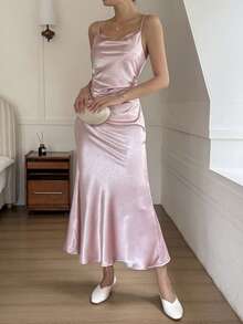 DAZY 女士优雅甜美缎面褶皱吊带连衣裙，适合约会穿着 - 粉色 - 查看 3