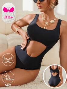 Swim DD+ Áo tắm liền thân màu trơn khoét eo dành cho nữ, thích hợp cho kỳ nghỉ biển, tiệc bể bơi, tiệc bãi biển. - màu đen - Xem 1