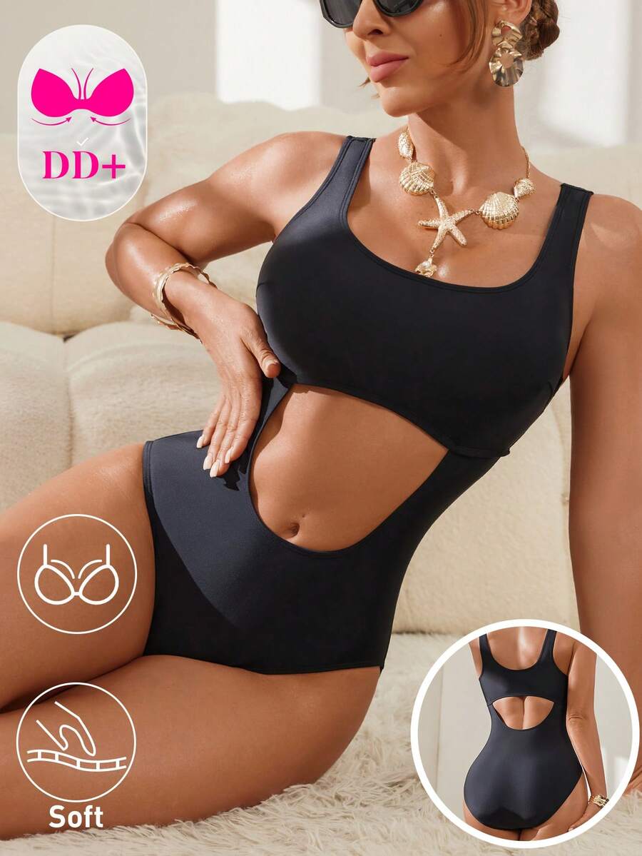 Swim DD+ Áo tắm liền thân màu trơn khoét eo dành cho nữ, thích hợp cho kỳ nghỉ biển, tiệc bể bơi, tiệc bãi biển. - màu đen - Xem 1