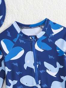 SHEIN Infant/Baby BoyWhale Print Long Sleeve Rash Guard Swimsuit With Sun Protection Wide Brim Hat - Blue - View 4