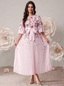 SHEIN 孕妇优雅印花荷叶袖系带连衣裙，度假风 - 淺粉色 - 查看 6