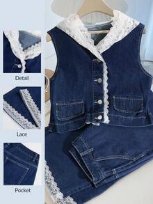 GlowEve Women's Lace Patchwork Hooded Denim Set - Blue - View 1