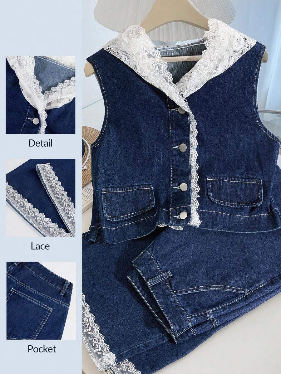 GlowEve Women's Lace Patchwork Hooded Denim Set - Blue - View 1