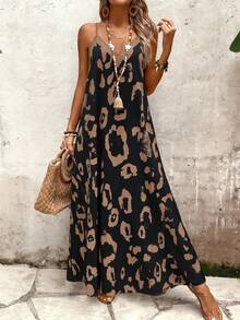 EMERY ROSE Gaun Tanpa Lengan Motif Leopard untuk Wanita, Gaun Liburan Kasual Maxi untuk Pantai - Hitam - View 3