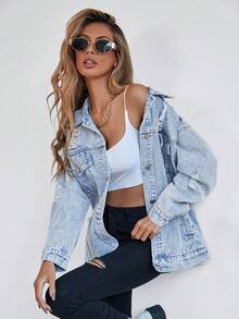 Selenza Plus Size Casual Washed Distressed Denim Jacket - Blue - View 3